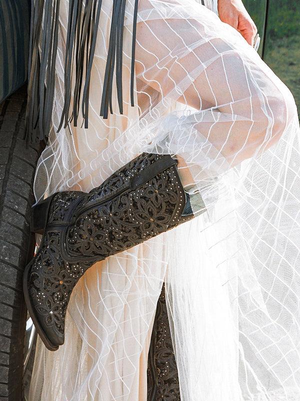 Corral Boots A3752 - WOMEN'S BLACK GLITTER INLAY FLORAL OVERLAY WITH CRYSTALS AND STUDS SNIP TOE BLACK COWBOY BOOT