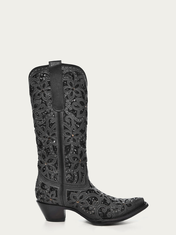 Corral Boots A3752 - WOMEN'S BLACK GLITTER INLAY FLORAL OVERLAY WITH CRYSTALS AND STUDS SNIP TOE BLACK COWBOY BOOT