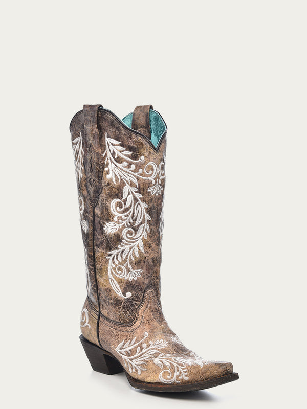 corral boots A3753 - WOMEN'S GLOW IN THE DARK WHITE FEATHERED FLORAL EMBROIDERY BROWN SNIP TOE COWBOY BOOT corral boots A3753 - WOMEN'S GLOW IN THE DARK WHITE FEATHERED FLORAL EMBROIDERY BROWN SNIP TOE COWBOY BOOT