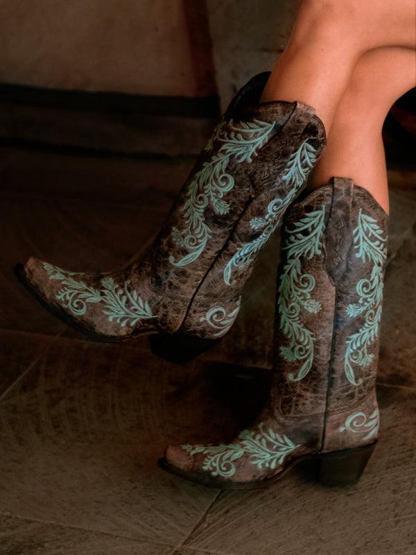 Corral Boots A3753 - WOMEN'S GLOW IN THE DARK WHITE FEATHERED FLORAL EMBROIDERY BROWN SNIP TOE COWBOY BOOT
