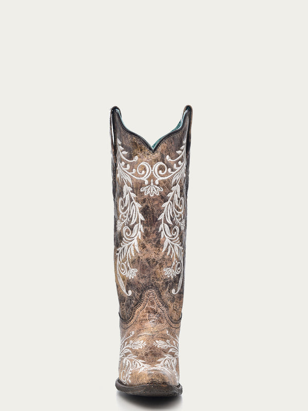 Corral Boots A3753 - WOMEN'S GLOW IN THE DARK WHITE FEATHERED FLORAL EMBROIDERY BROWN SNIP TOE COWBOY BOOT