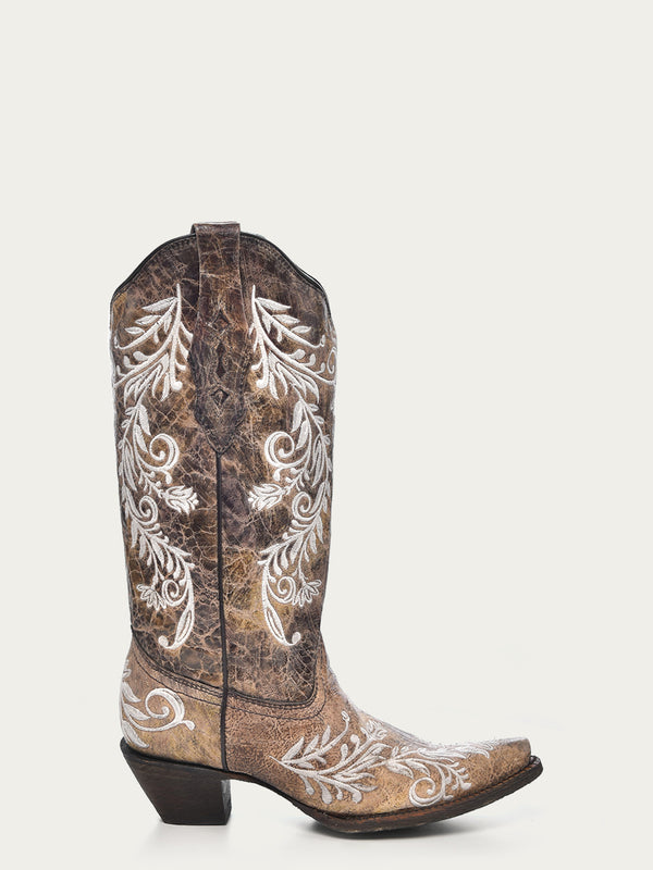 Corral Boots A3753 - WOMEN'S GLOW IN THE DARK WHITE FEATHERED FLORAL EMBROIDERY BROWN SNIP TOE COWBOY BOOT