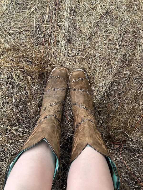Corral Boots A3815 - WOMEN'S BROWN WOVEN BARBED WIRE SQUARE TOE RODEO COWBOY BOOT