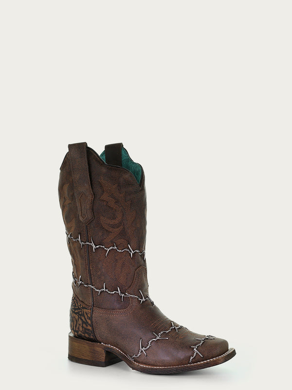 corral boots A3815 - WOMEN'S BROWN WOVEN BARBED WIRE SQUARE TOE RODEO COWBOY BOOT