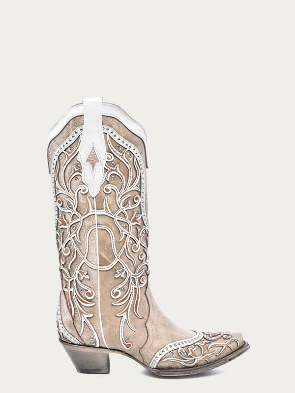 Corral Boots A3837 - WOMEN'S WHITE OVERLAY EMBROIDERY STUDS AND CRYSTALS