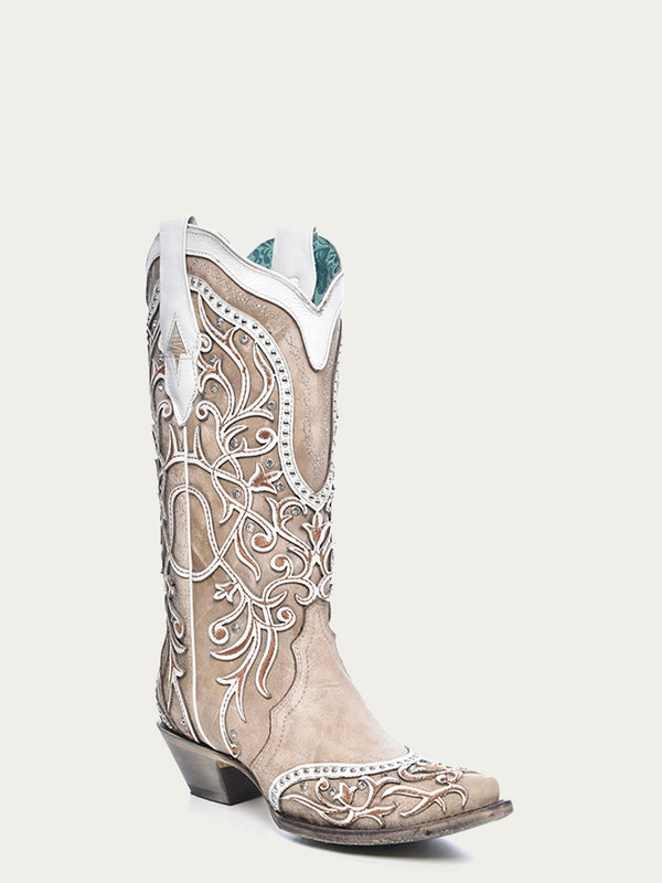 corral boots A3837 - WOMEN'S WHITE OVERLAY EMBROIDERY STUDS AND CRYSTALS