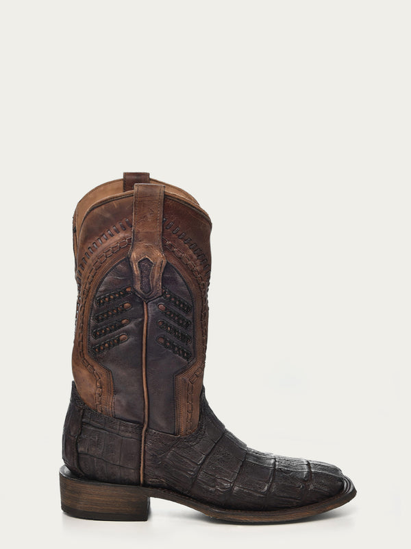 Corral Boots A3878 - MEN'S OIL BROWN CAIMAN EMBROIDERY AND WOVEN SHAFT WIDE SQUARE TOE COWBOY BOOT