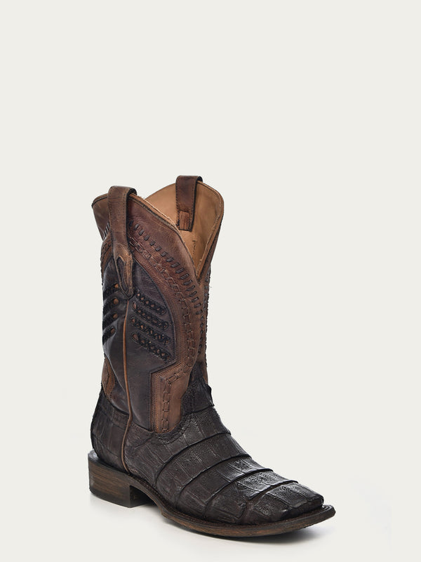 corral boots A3878 - MEN'S OIL BROWN CAIMAN EMBROIDERY AND WOVEN SHAFT WIDE SQUARE TOE COWBOY BOOT