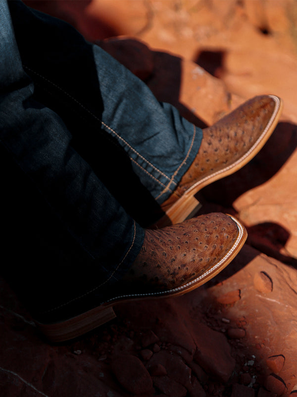 Corral Boots A4008 - MEN'S BROWN EMBROIDERY WITH WOVEN DETAIL AND OVERLAY FULL QUILL OSTRICH SQUARE TOE COWBOY BOOT
