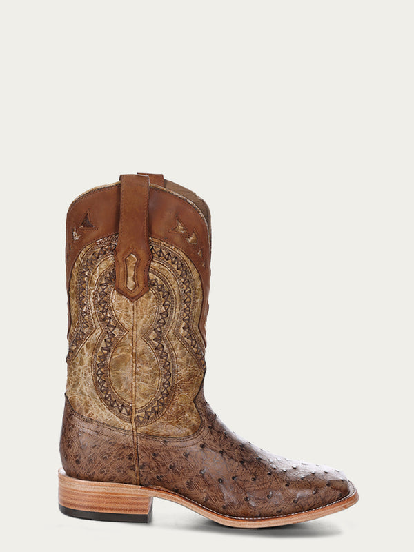 Corral Boots A4008 - MEN'S BROWN EMBROIDERY WITH WOVEN DETAIL AND OVERLAY FULL QUILL OSTRICH SQUARE TOE COWBOY BOOT