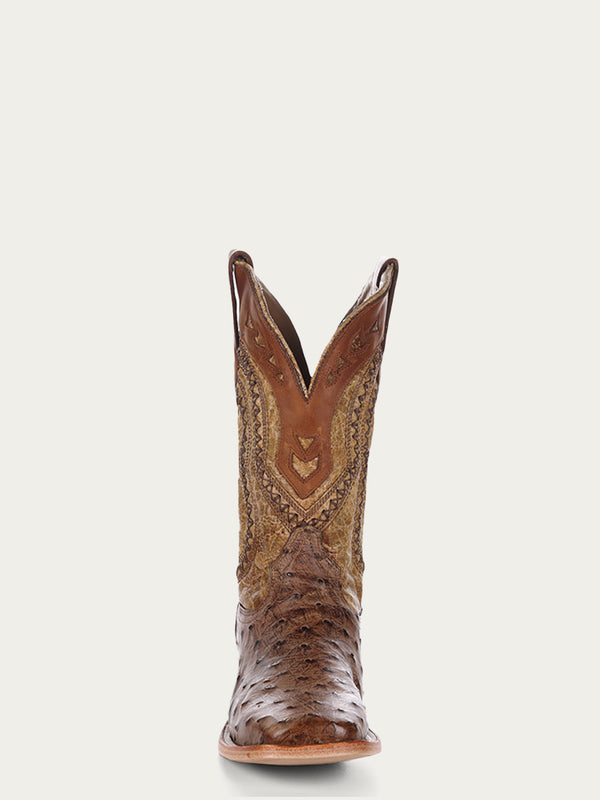 Corral Boots A4008 - MEN'S BROWN EMBROIDERY WITH WOVEN DETAIL AND OVERLAY FULL QUILL OSTRICH SQUARE TOE COWBOY BOOT