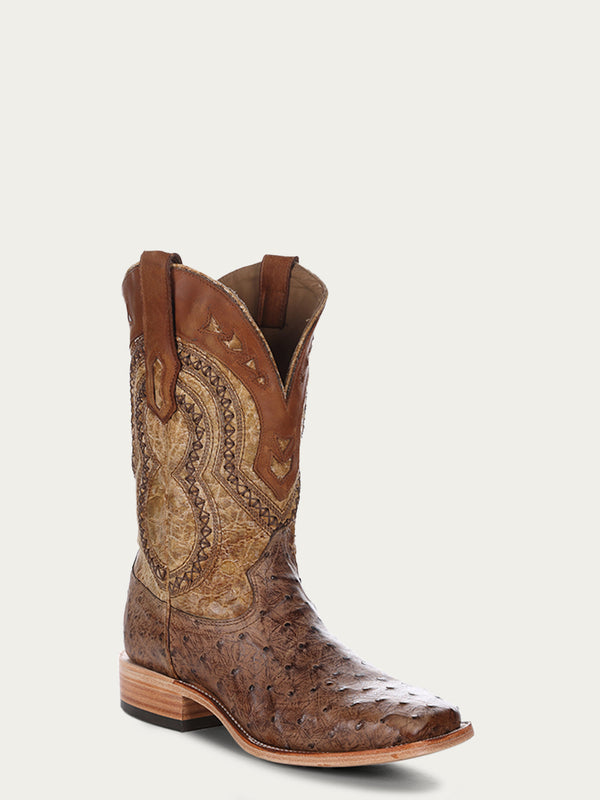 corral boots A4008 - MEN'S BROWN EMBROIDERY WITH WOVEN DETAIL AND OVERLAY FULL QUILL OSTRICH SQUARE TOE COWBOY BOOT