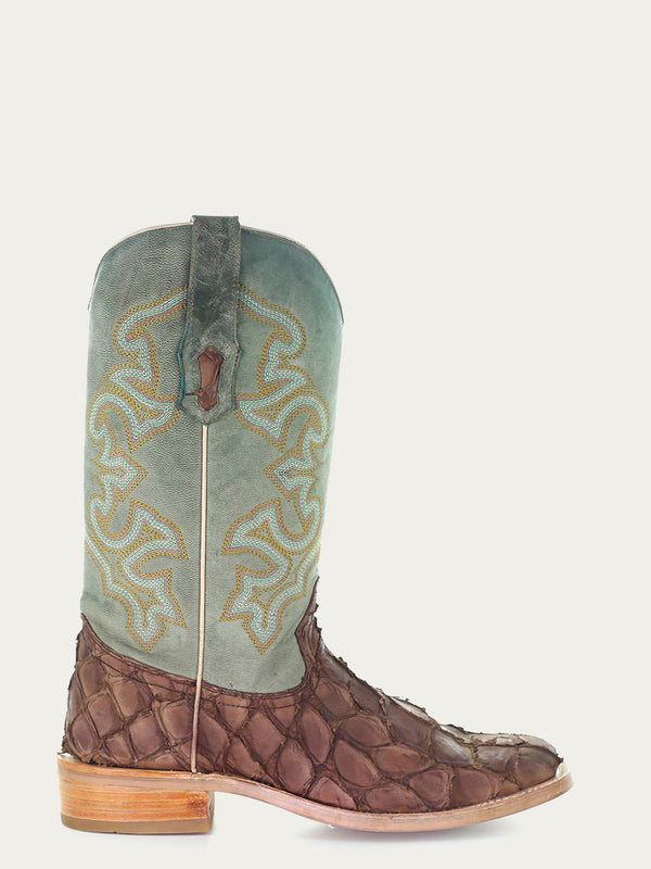 Corral Boots A4048 - MEN'S EMBROIDERY BROWN PIRARUCU TURQUOISE SQUARE TOE RODEO COWBOY BOOT