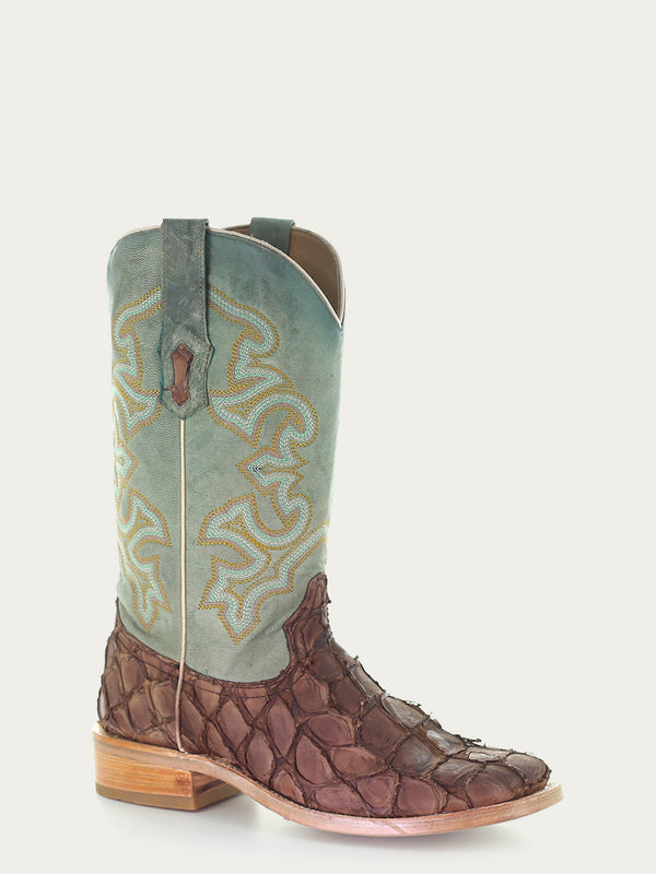 corral boots A4048 - MEN'S EMBROIDERY BROWN PIRARUCU TURQUOISE SQUARE TOE RODEO COWBOY BOOT