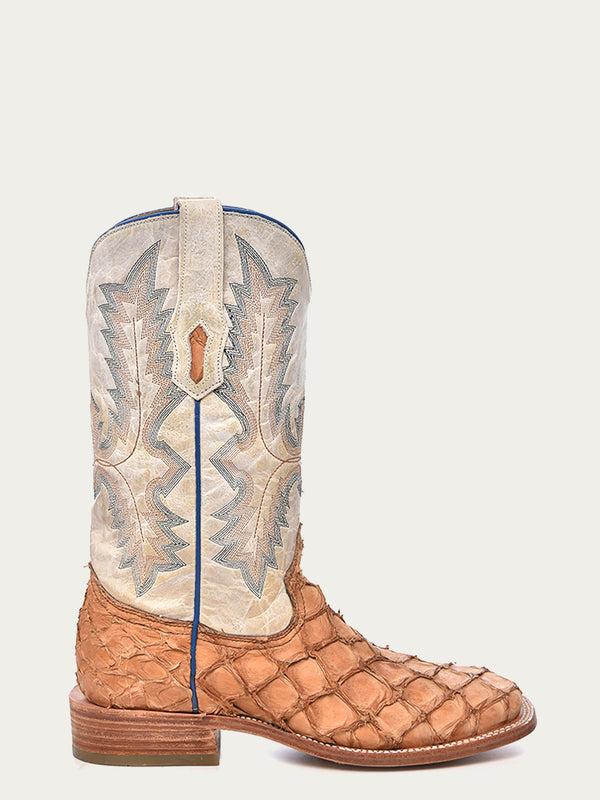 Corral Boots A4050 - MEN'S EMBROIDERY COGNAC PIRARUCU WHITE SQUARE TOE RODEO COWBOY BOOT