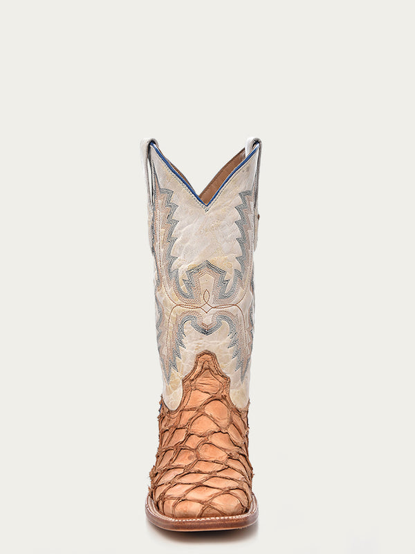 Corral Boots A4050 - MEN'S EMBROIDERY COGNAC PIRARUCU WHITE SQUARE TOE RODEO COWBOY BOOT