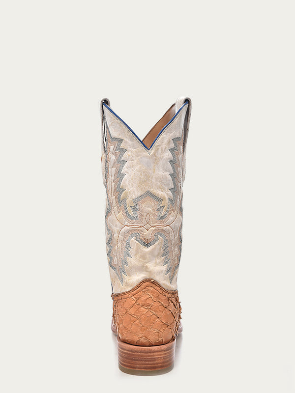 Corral Boots A4050 - MEN'S EMBROIDERY COGNAC PIRARUCU WHITE SQUARE TOE RODEO COWBOY BOOT