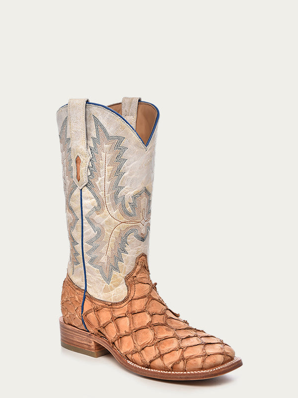 corral boots A4050 - MEN'S EMBROIDERY COGNAC PIRARUCU WHITE SQUARE TOE RODEO COWBOY BOOT