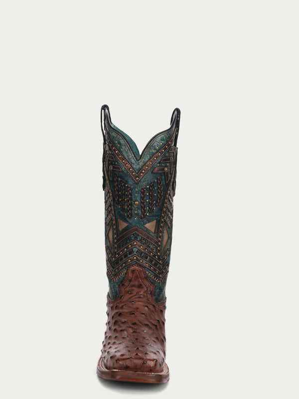 Corral Boots A4059 - WOMEN'S TURQUOISE EMBROIDERY STUDED WITH WOVEN DETAIL BROWN OSTRICH SQUARE TOE RODEO BOOT