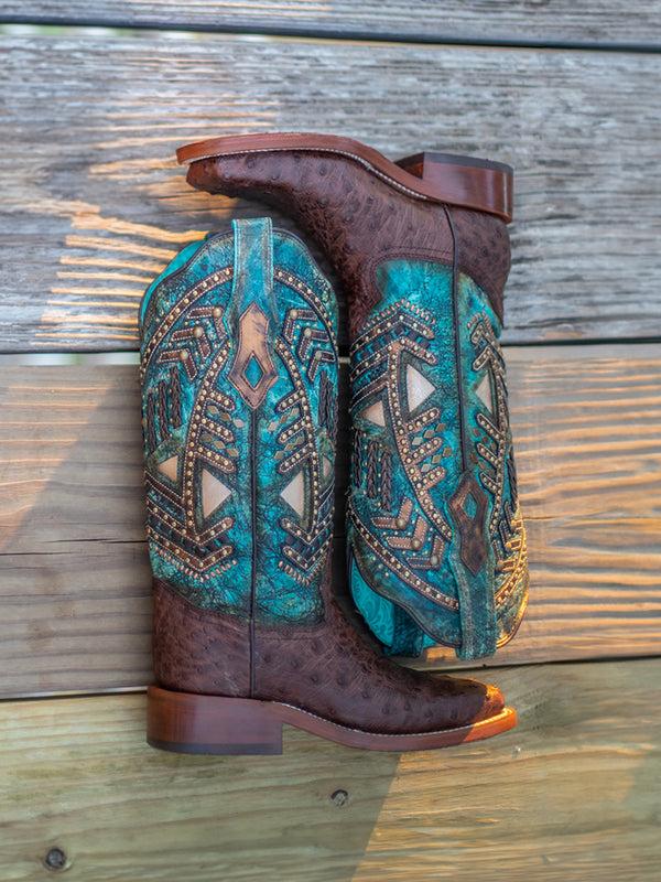 Corral Boots A4059 - WOMEN'S TURQUOISE EMBROIDERY STUDED WITH WOVEN DETAIL BROWN OSTRICH SQUARE TOE RODEO BOOT