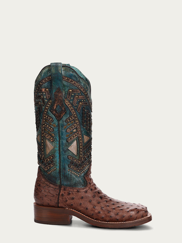 Corral Boots A4059 - WOMEN'S TURQUOISE EMBROIDERY STUDED WITH WOVEN DETAIL BROWN OSTRICH SQUARE TOE RODEO BOOT