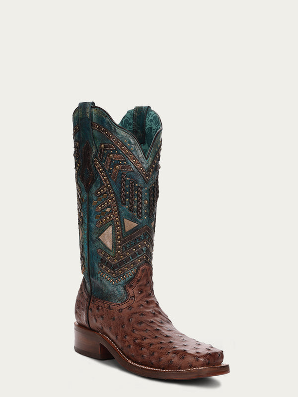 corral boots A4059 - WOMEN'S TURQUOISE EMBROIDERY STUDED WITH WOVEN DETAIL BROWN OSTRICH SQUARE TOE RODEO BOOT