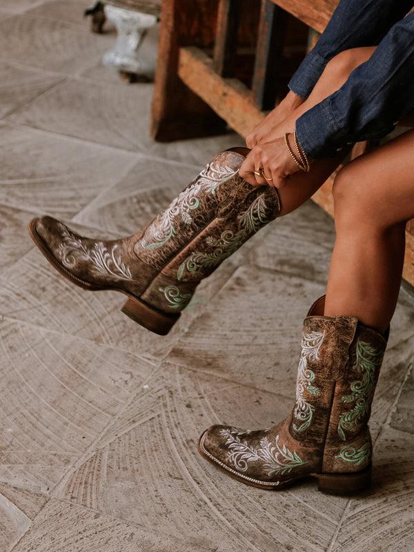 Corral Boots A4063 - WOMEN'S GLOW IN THE DARK WHITE FEATHERED FLORAL EMBROIDERY BROWN SQUARE TOE COWBOY BOOT
