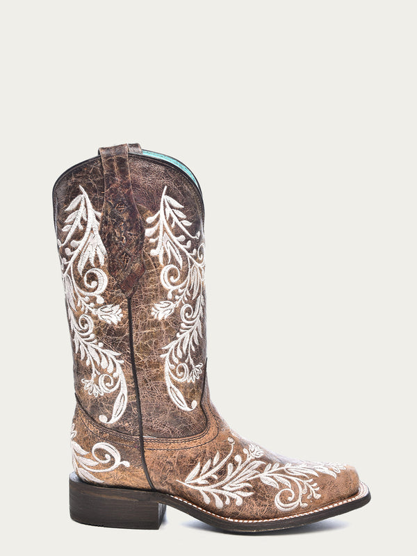 Corral Boots A4063 - WOMEN'S GLOW IN THE DARK WHITE FEATHERED FLORAL EMBROIDERY BROWN SQUARE TOE COWBOY BOOT