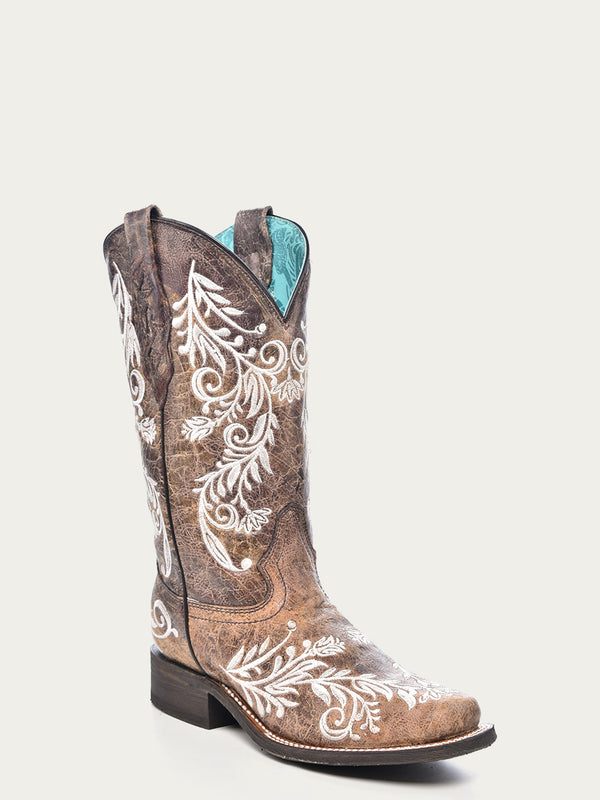corral boots A4063 - WOMEN'S GLOW IN THE DARK WHITE FEATHERED FLORAL EMBROIDERY BROWN SQUARE TOE COWBOY BOOT