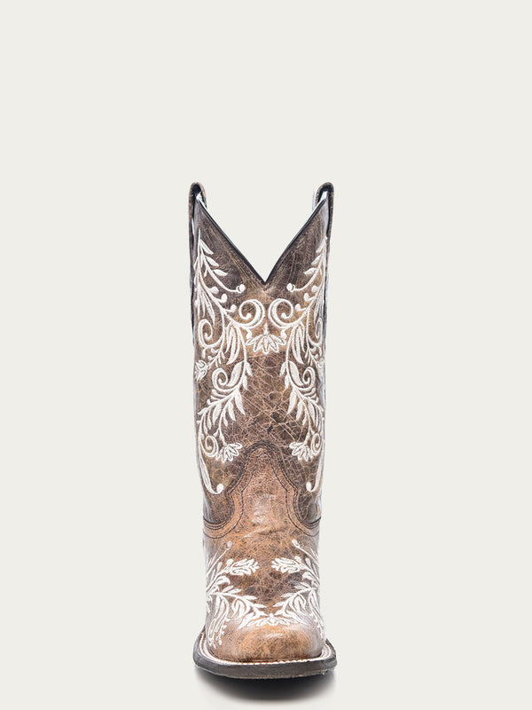 Corral Boots A4063 - WOMEN'S GLOW IN THE DARK WHITE FEATHERED FLORAL EMBROIDERY BROWN SQUARE TOE COWBOY BOOT