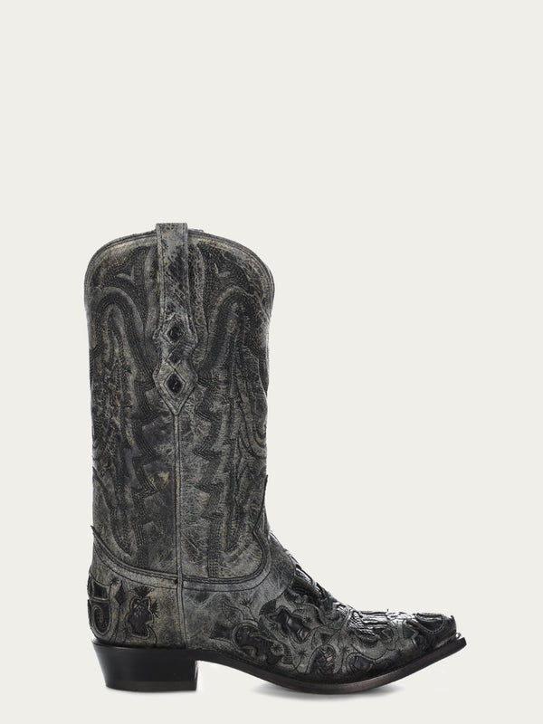 Corral Boots A4116 - MEN'S BLACK ALLIGATOR INLAY AND EMBROIDERY SNIP TOE COWBOY BOOT