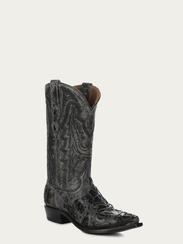 corral boots A4116 - MEN'S BLACK ALLIGATOR INLAY AND EMBROIDERY SNIP TOE COWBOY BOOT