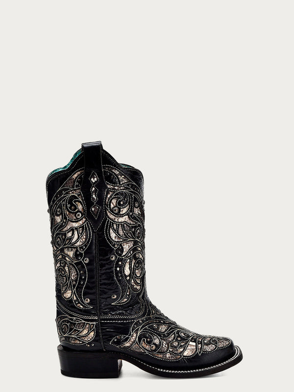 Corral Boots A4133 - WOMEN'S PYTHON INLAY BLACK SQUARE TOE COWBOY BOOT