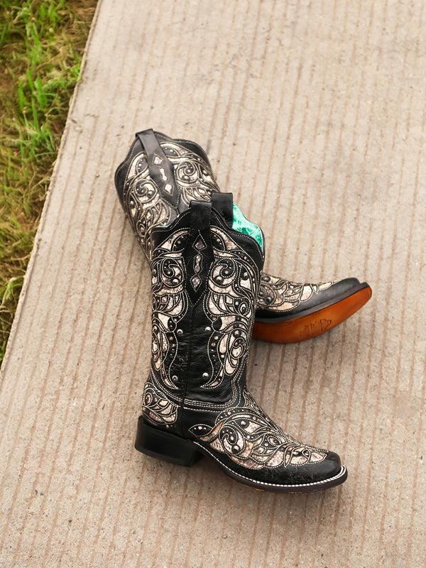 Corral Boots A4133 - WOMEN'S PYTHON INLAY BLACK SQUARE TOE COWBOY BOOT