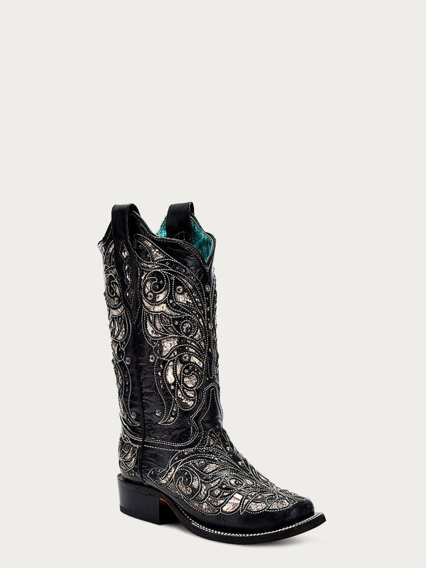 corral boots A4133 - WOMEN'S PYTHON INLAY BLACK SQUARE TOE COWBOY BOOT