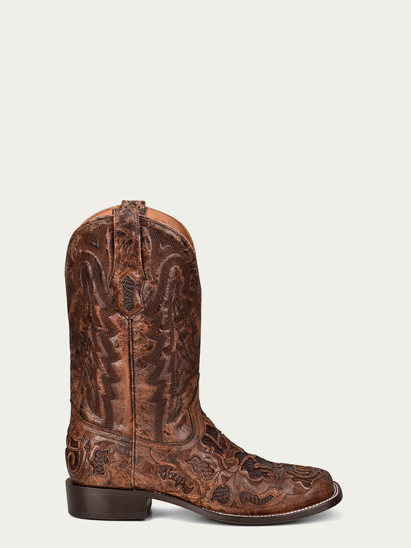 Corral Boots A4173 - MEN'S ALLIGATOR INLAY AND EMBROIDERY WIDE SQUARE TOE BROWN COWBOY BOOT