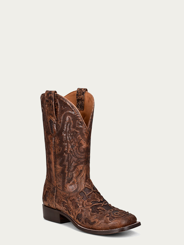 corral boots A4173 - MEN'S ALLIGATOR INLAY AND EMBROIDERY WIDE SQUARE TOE BROWN COWBOY BOOT