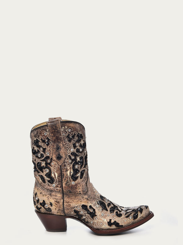 Corral Boots A4190 - WOMEN'S BLACK GLITTER INLAY FLORAL OVERLAY WITH CRYSTALS AND STUDS SNIP TOE BROWN ANKLE BOOT