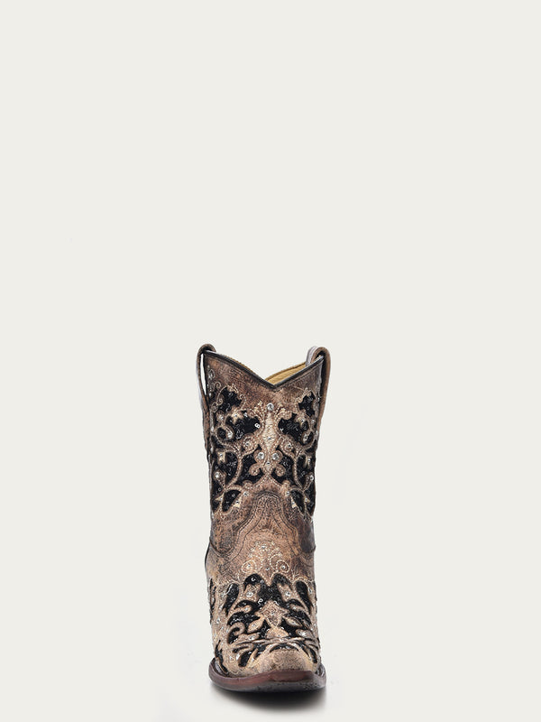 Corral Boots A4190 - WOMEN'S BLACK GLITTER INLAY FLORAL OVERLAY WITH CRYSTALS AND STUDS SNIP TOE BROWN ANKLE BOOT