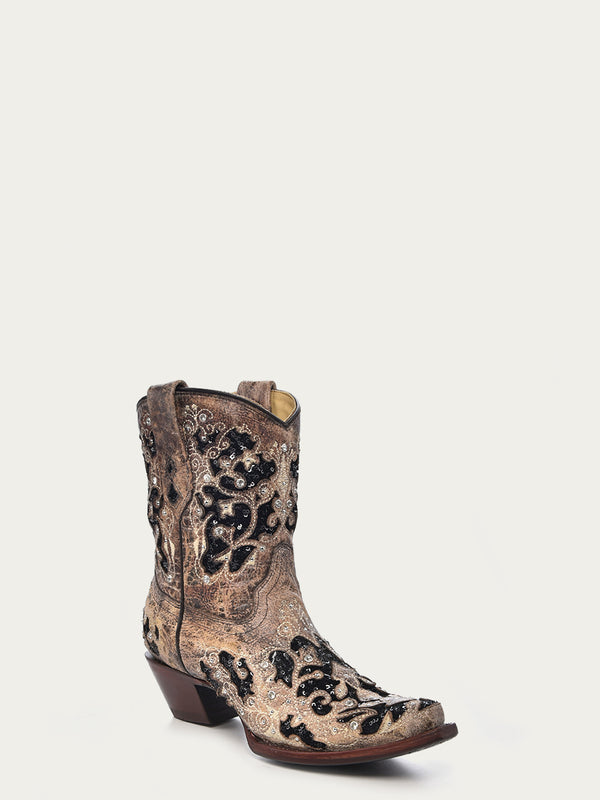 corral boots A4190 - WOMEN'S BLACK GLITTER INLAY FLORAL OVERLAY WITH CRYSTALS AND STUDS SNIP TOE BROWN ANKLE BOOT