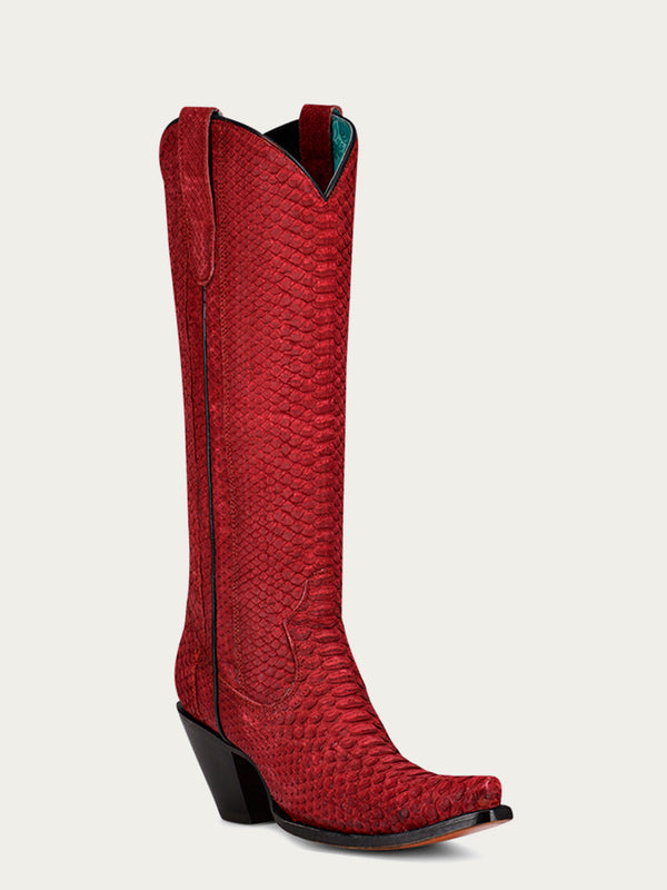 corral boots A4194 - WOMEN'S GENUINE RED FULL PYTHON SNIP TOE TALL TOP COWBOY BOOT