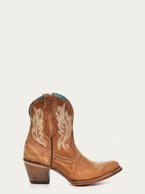 Corral Boots A4218 - WOMEN'S WHITE EMBROIDERY TAN J-TOE ANKLE BOOT WITH ZIPPER