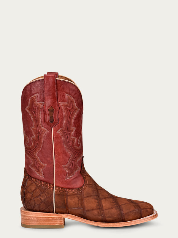 Corral Boots A4222 - MEN'S EMBROIDERY COGNAC ALLIGATOR VAMP AND COUNTER RED WIDE SQUARE-TOE COWBOY BOOT