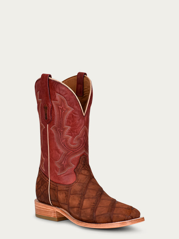 corral boots A4222 - MEN'S EMBROIDERY COGNAC ALLIGATOR VAMP AND COUNTER RED WIDE SQUARE-TOE COWBOY BOOT