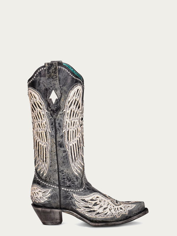 Corral Boots A4232 - WOMEN'S WHITE CROSS AND WINGS OVERLAY AND STUDS WORN FINISH BLACK SNIP TOE COWBOY BOOT