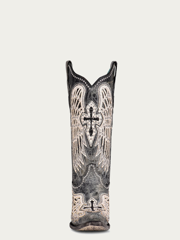 Corral Boots A4232 - WOMEN'S WHITE CROSS AND WINGS OVERLAY AND STUDS WORN FINISH BLACK SNIP TOE COWBOY BOOT