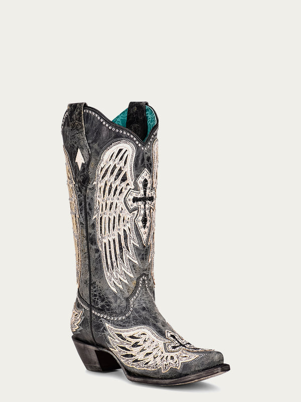 corral boots A4232 - WOMEN'S WHITE CROSS AND WINGS OVERLAY AND STUDS WORN FINISH BLACK SNIP TOE COWBOY BOOT corral boots A4232 - WOMEN'S WHITE CROSS AND WINGS OVERLAY AND STUDS WORN FINISH BLACK SNIP TOE COWBOY BOOT