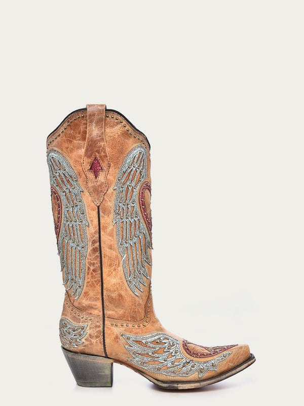 Corral Boots A4235 - WOMEN'S HEART AND CROSS OVERLAY AND STUDS WORN FINISH SAND SNIP TOE COWBOY BOOT
