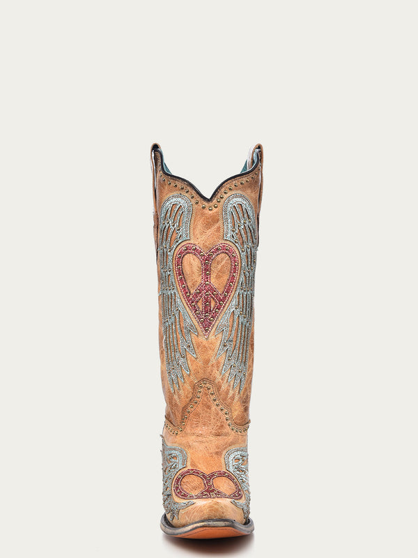 Corral Boots A4235 - WOMEN'S HEART AND CROSS OVERLAY AND STUDS WORN FINISH SAND SNIP TOE COWBOY BOOT