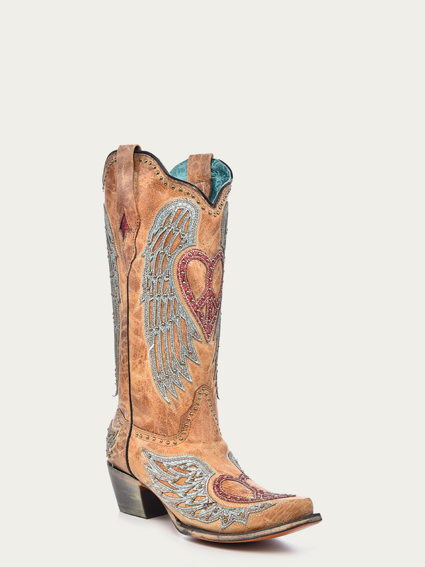 corral boots A4235 - WOMEN'S HEART AND CROSS OVERLAY AND STUDS WORN FINISH SAND SNIP TOE COWBOY BOOT